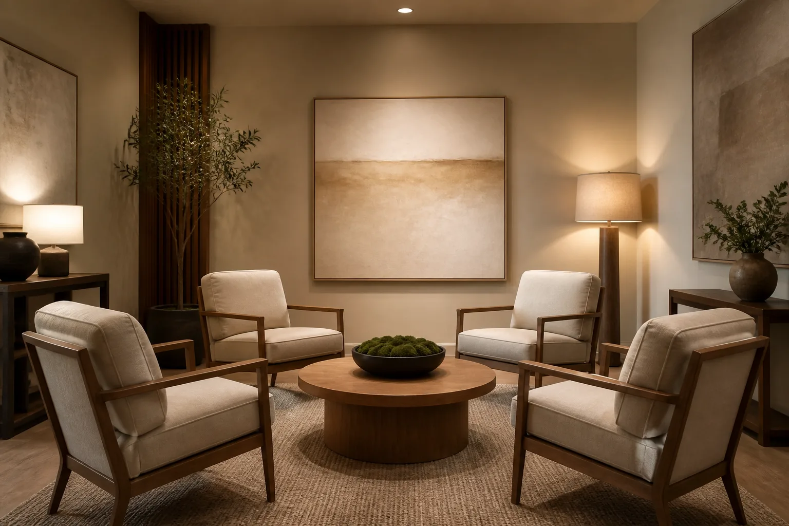 Front view of therapy space with elegant chairs and warm lighting.