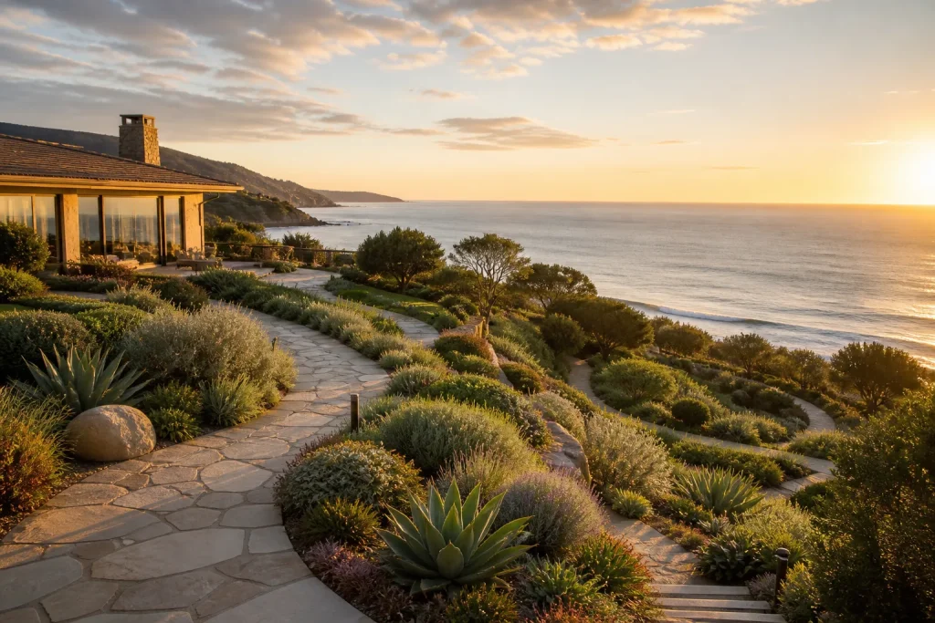 Expansive view of Malibu estate gardens at golden hour leading to Pacific Ocean.